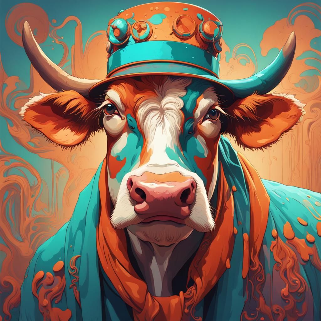 Psychedelic Cow in Hat: Modern Art Concept