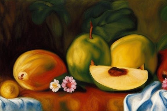 Kitten with Tropical Fruit and Flowers in Artistic Style