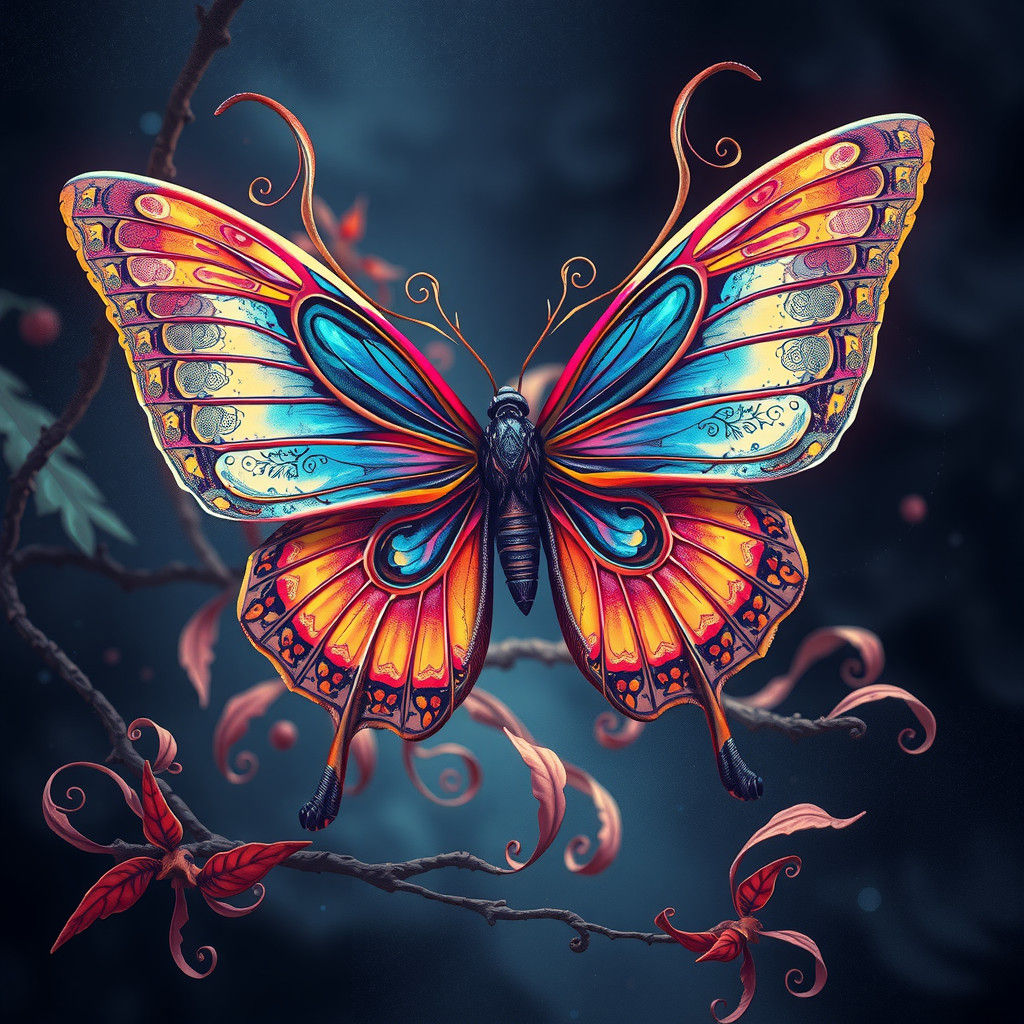 Iridescent Butterfly Line Art in Fantasy Style