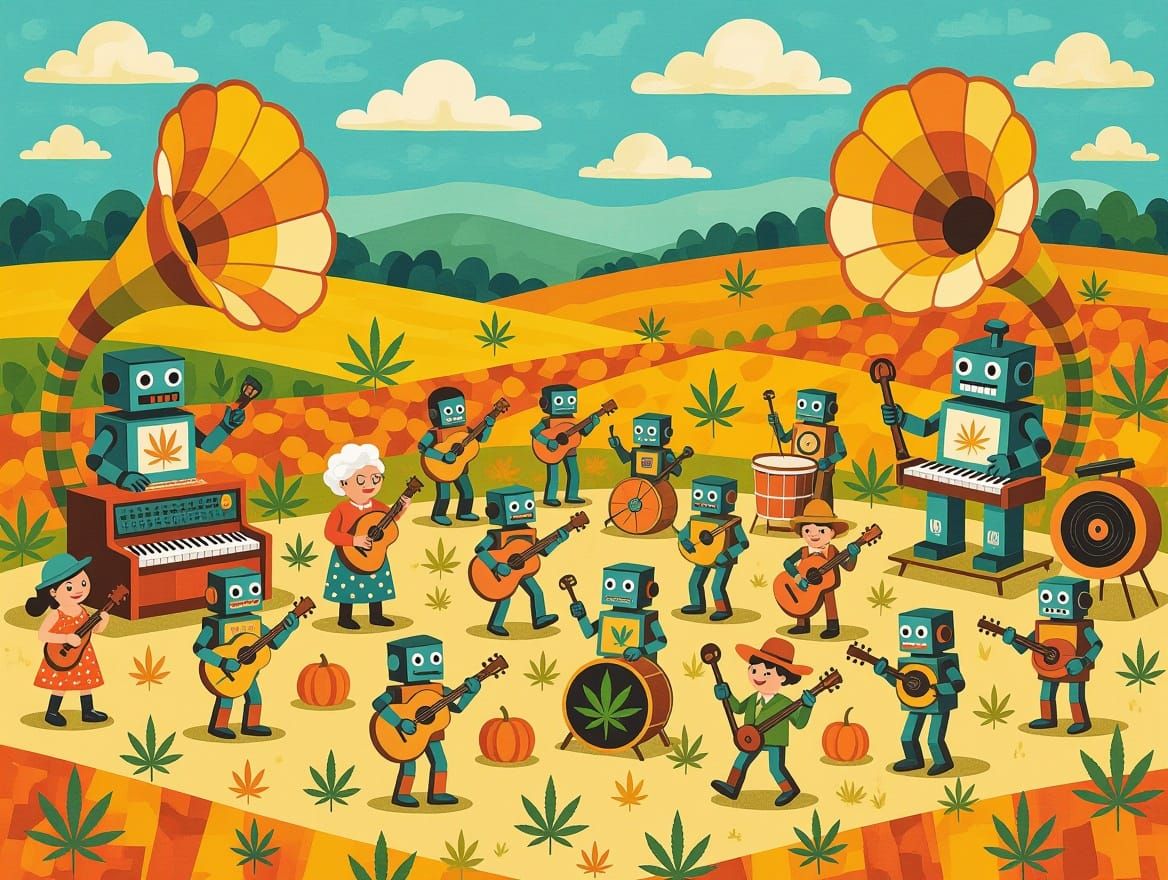 Retro Robots Celebrate Harvest Festival in Vibrant Autumn Co...