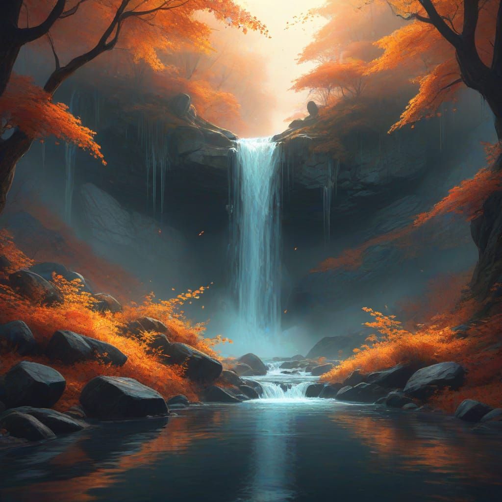 Hidden Waterfall in Glowing Autumn Forest