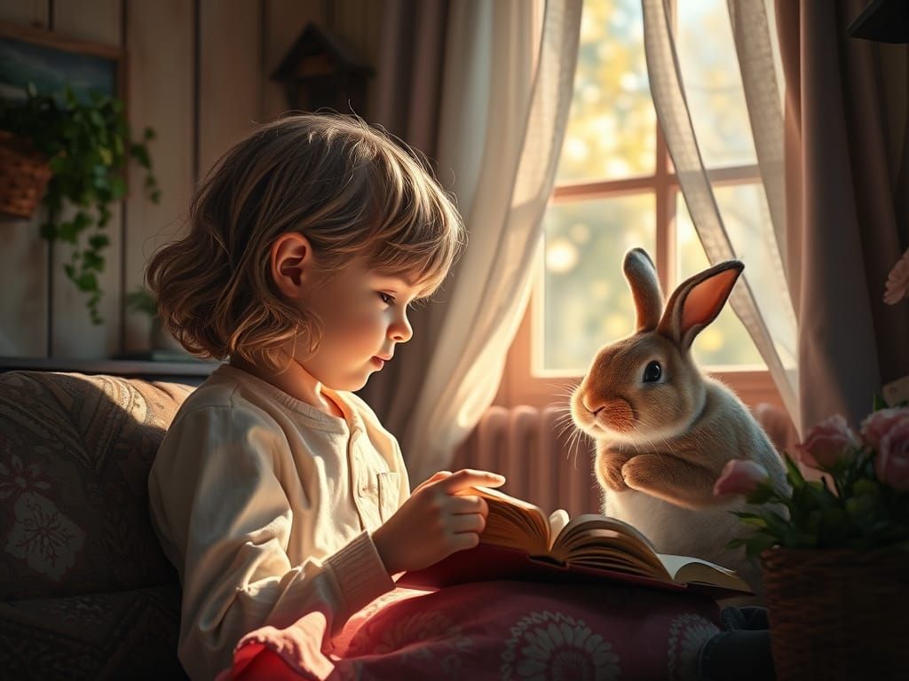 Child Reads to Pet Rabbit in Cozy Cottagecore Setting, Paint...