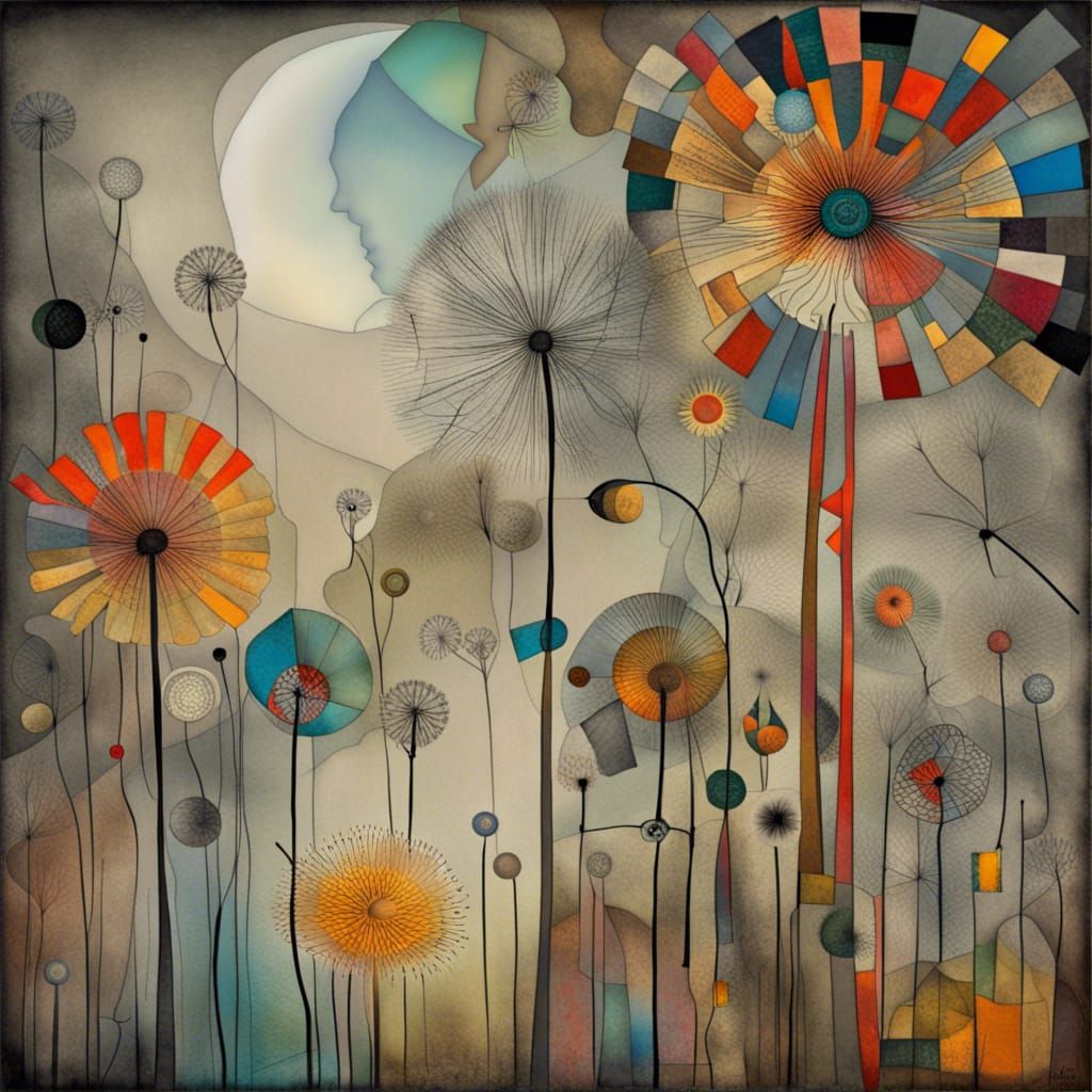 Surreal Dandelion and Poppy Dreamscape, Colorful Details