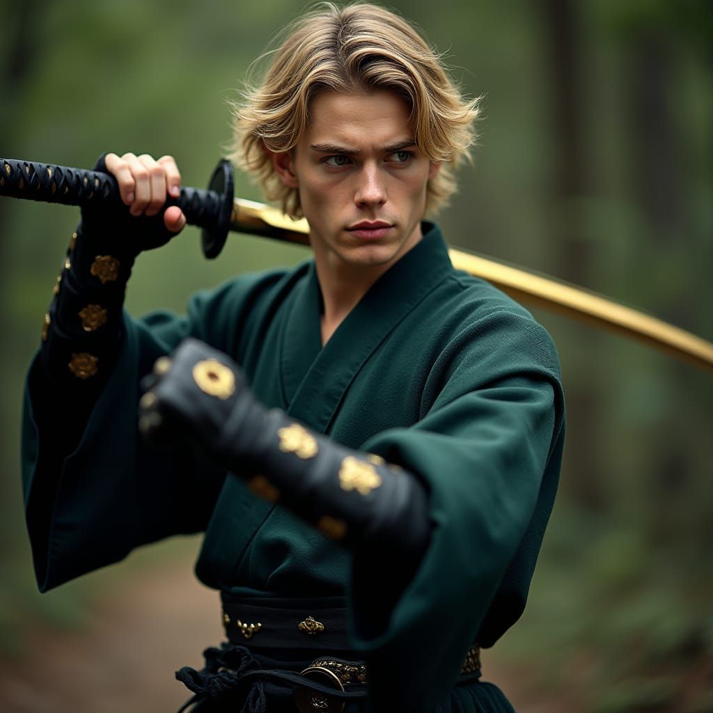 Realistic 20-Year-Old Lloyd in Dark Green Kimono and Black A...