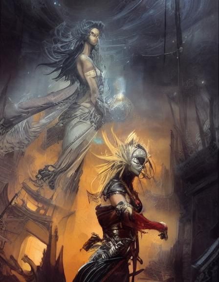 Nippon Female Superhero in Fantasy Landscape Oil Painting