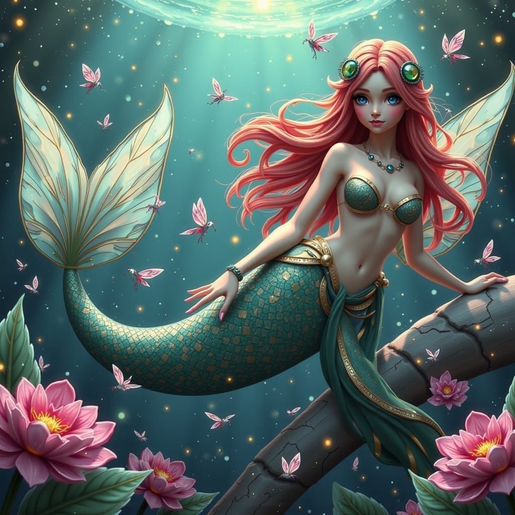 Fanciful Mermaid in Whimsical Aquatic Wonderland