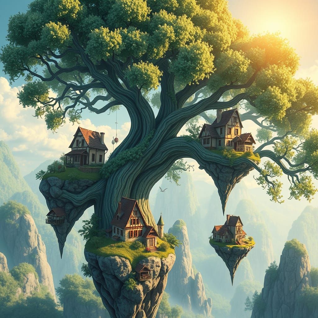 Floating Islands with European Houses on World Tree