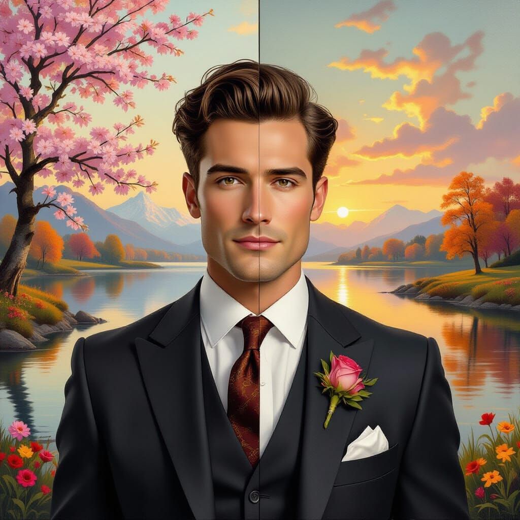 Man Embodies Spring and Autumn in Oil Painting