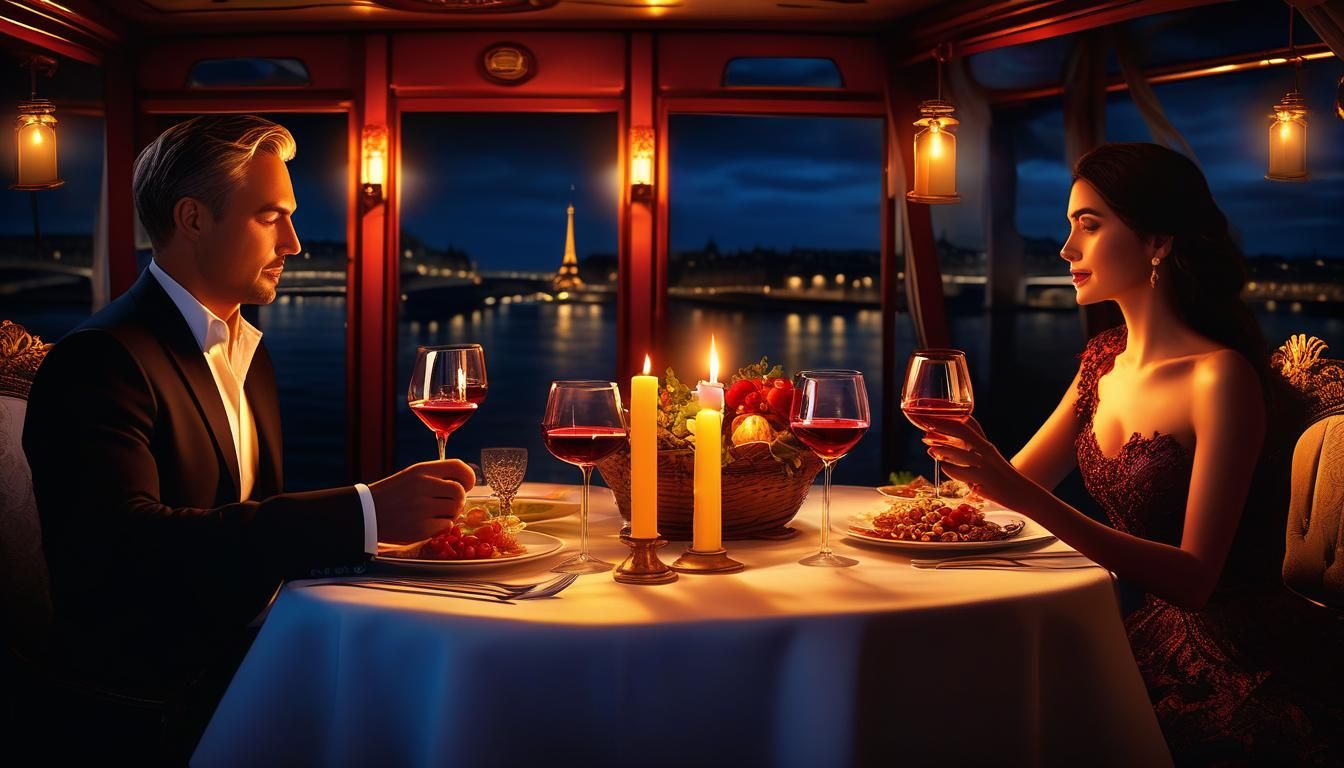 Romantic candlelight dinner with wine between husband and wife on a river boat cruise in Paris
