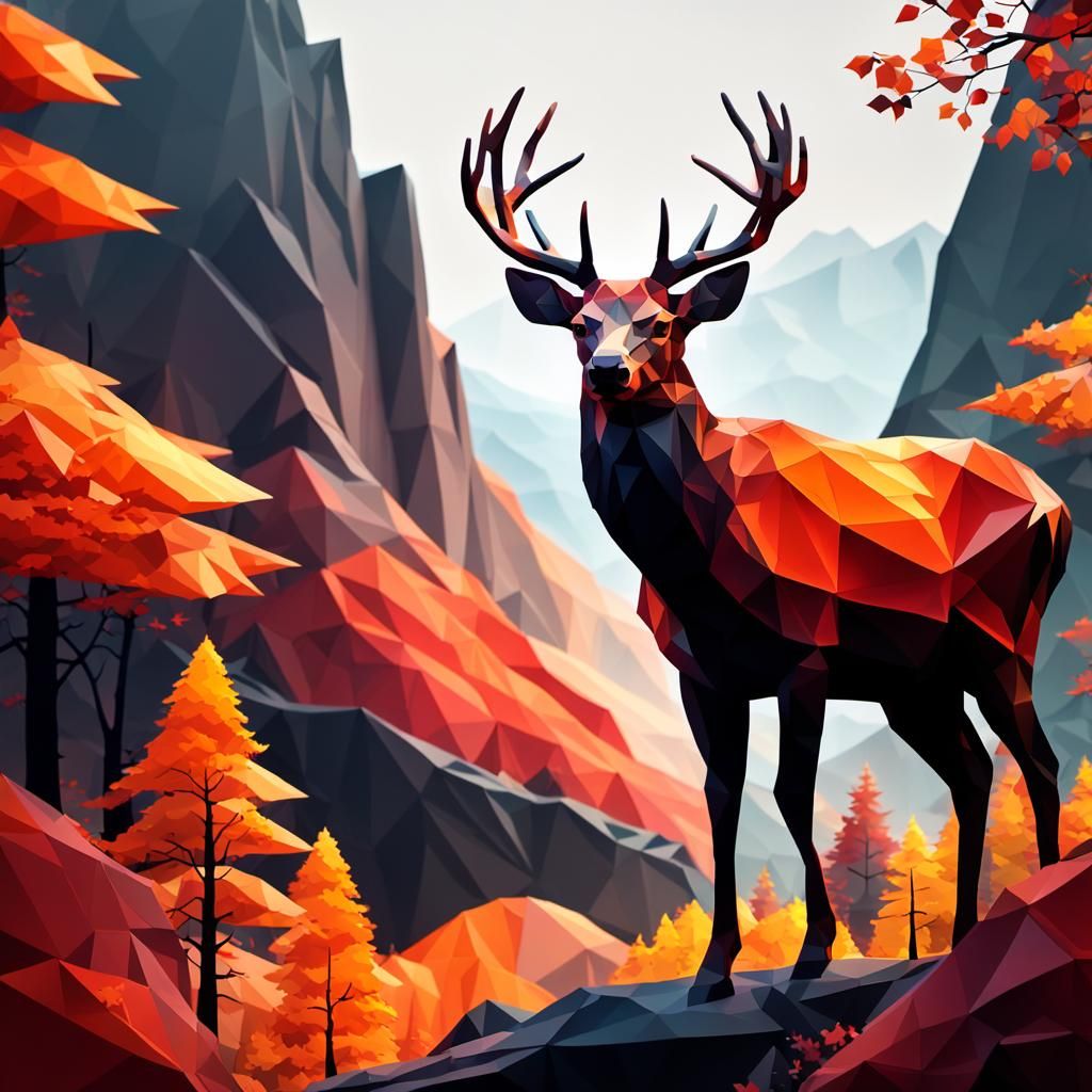 Low-Poly Deer Silhouette with Autumn Mountain Landscape