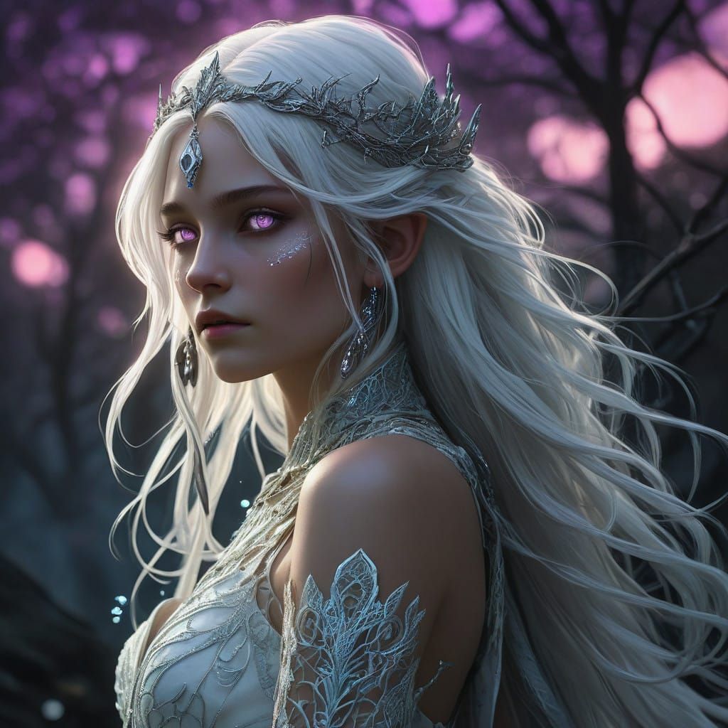 Ethereal Elven Priestess in Dreamlike Gown