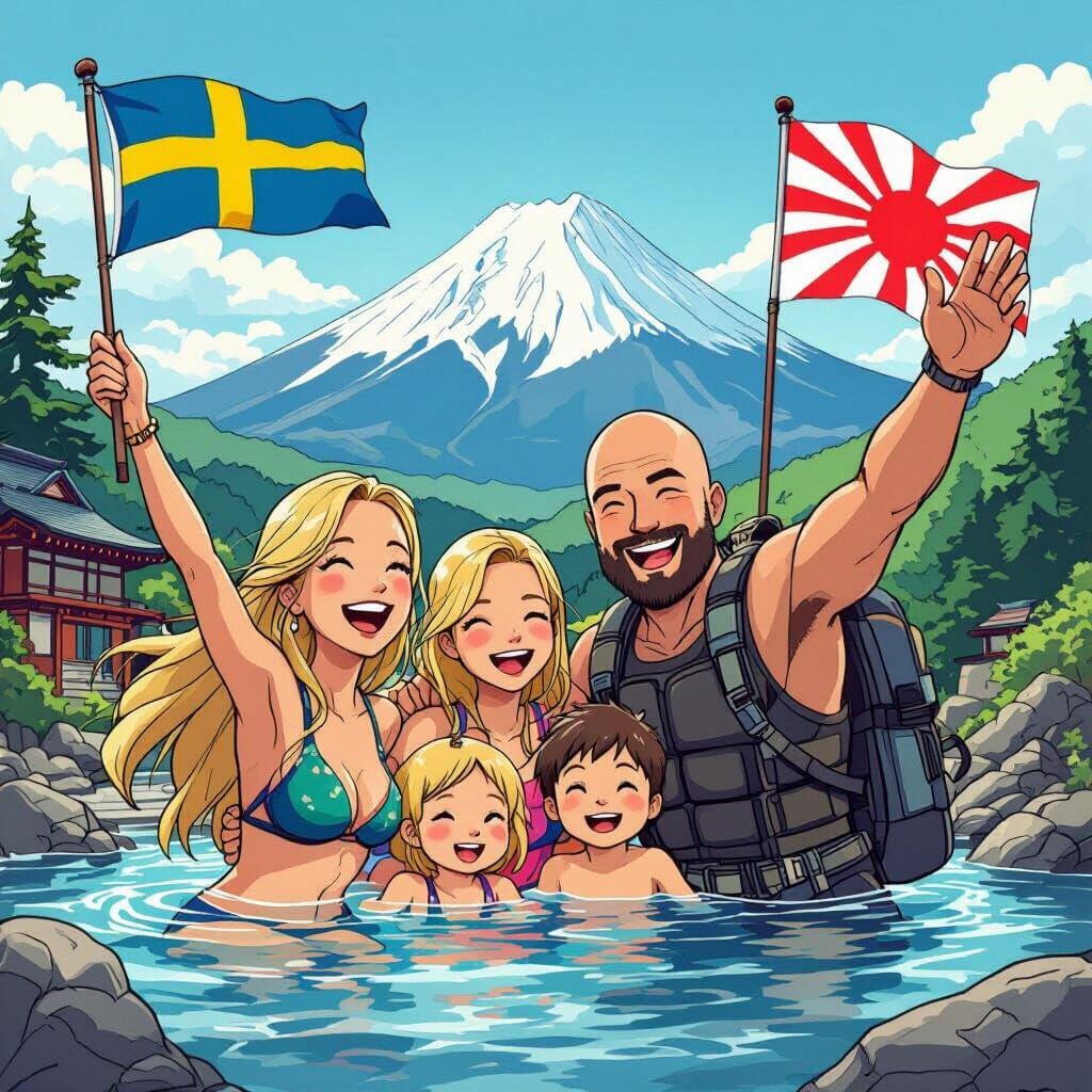 Swedish Family's Japanese Adventure in Cartoon Style