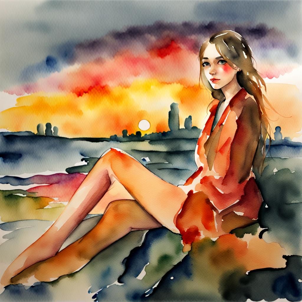 Watercolor Painting of Woman on a Beach