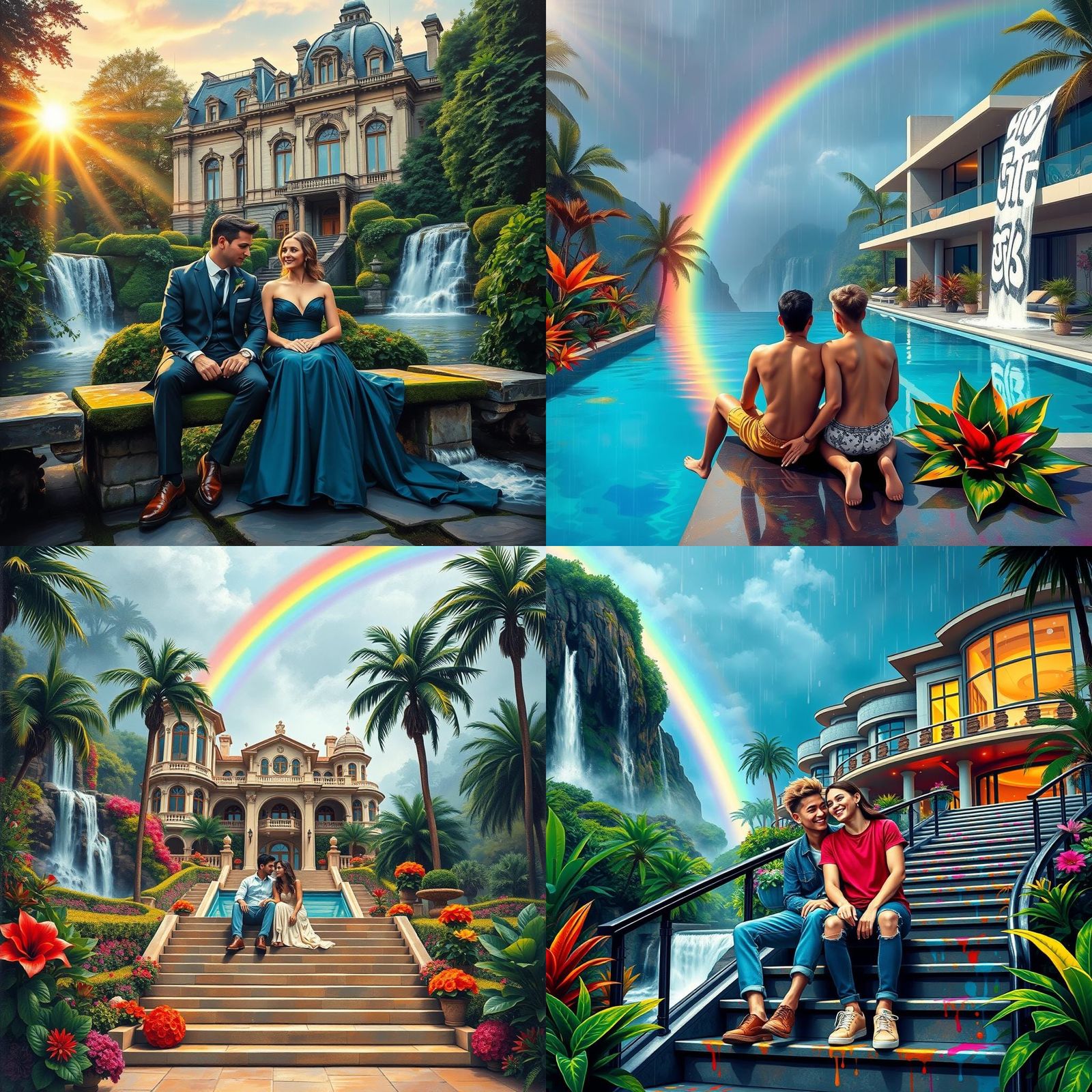 Couple at Mansion with Rainbow Waterfalls: Graffiti Art
