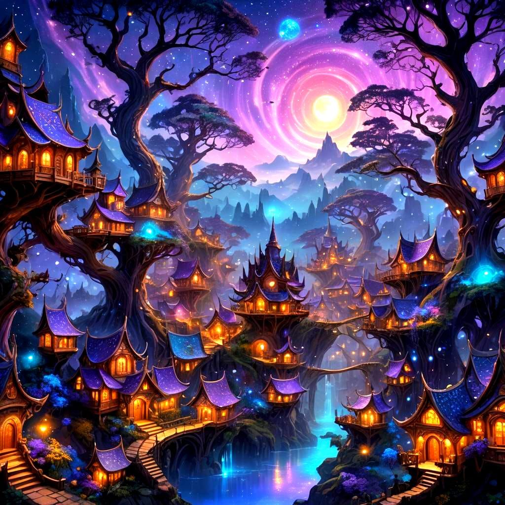 Night Elf Village in Astral Cosmic Illustration