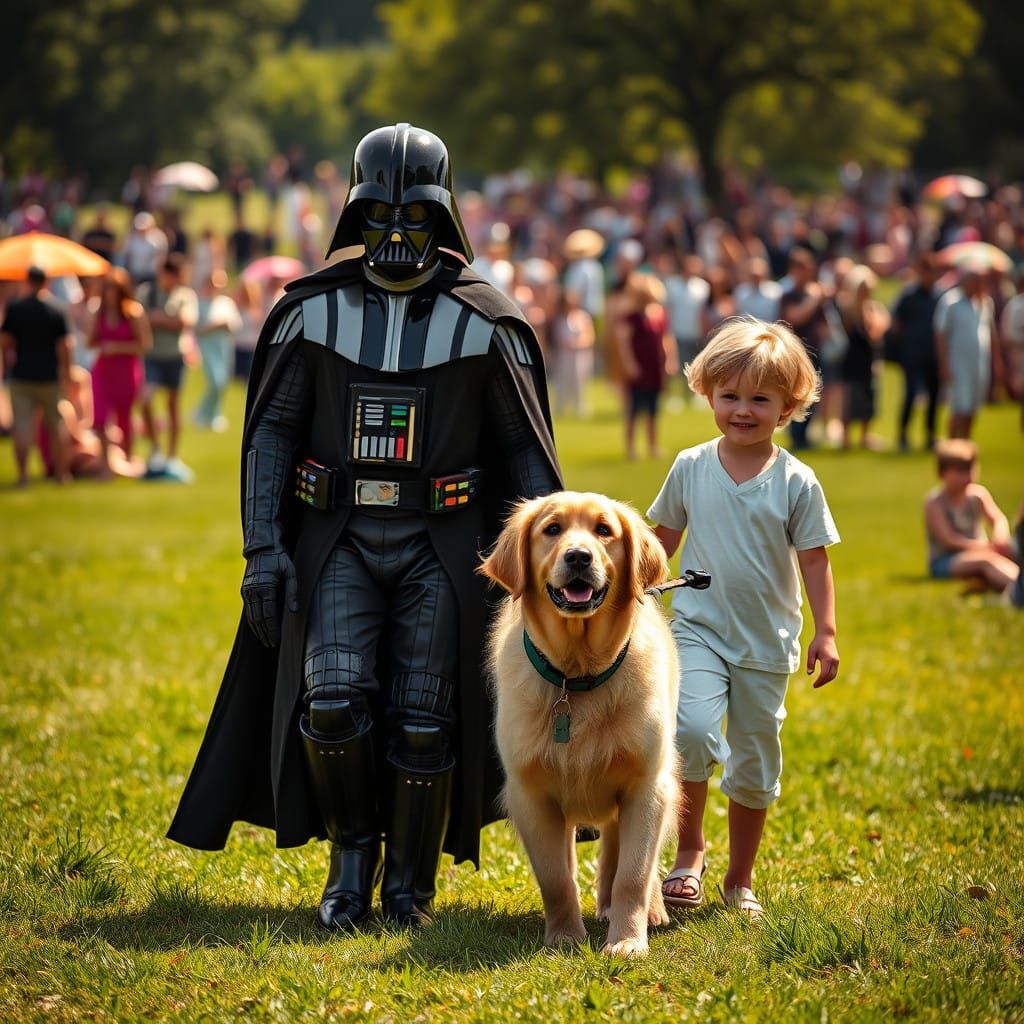 Darth Vader Strolls with a Golden Retriever and Young Luke