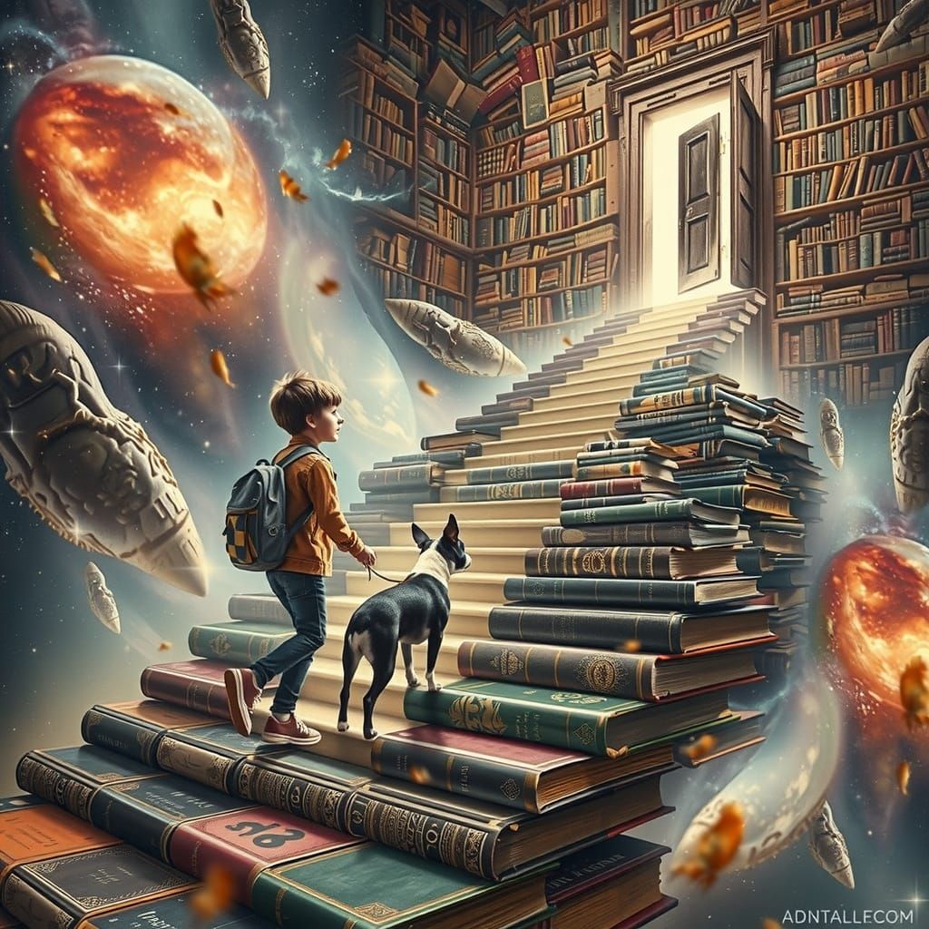 Boy and Dog's Cosmic Journey Through Books