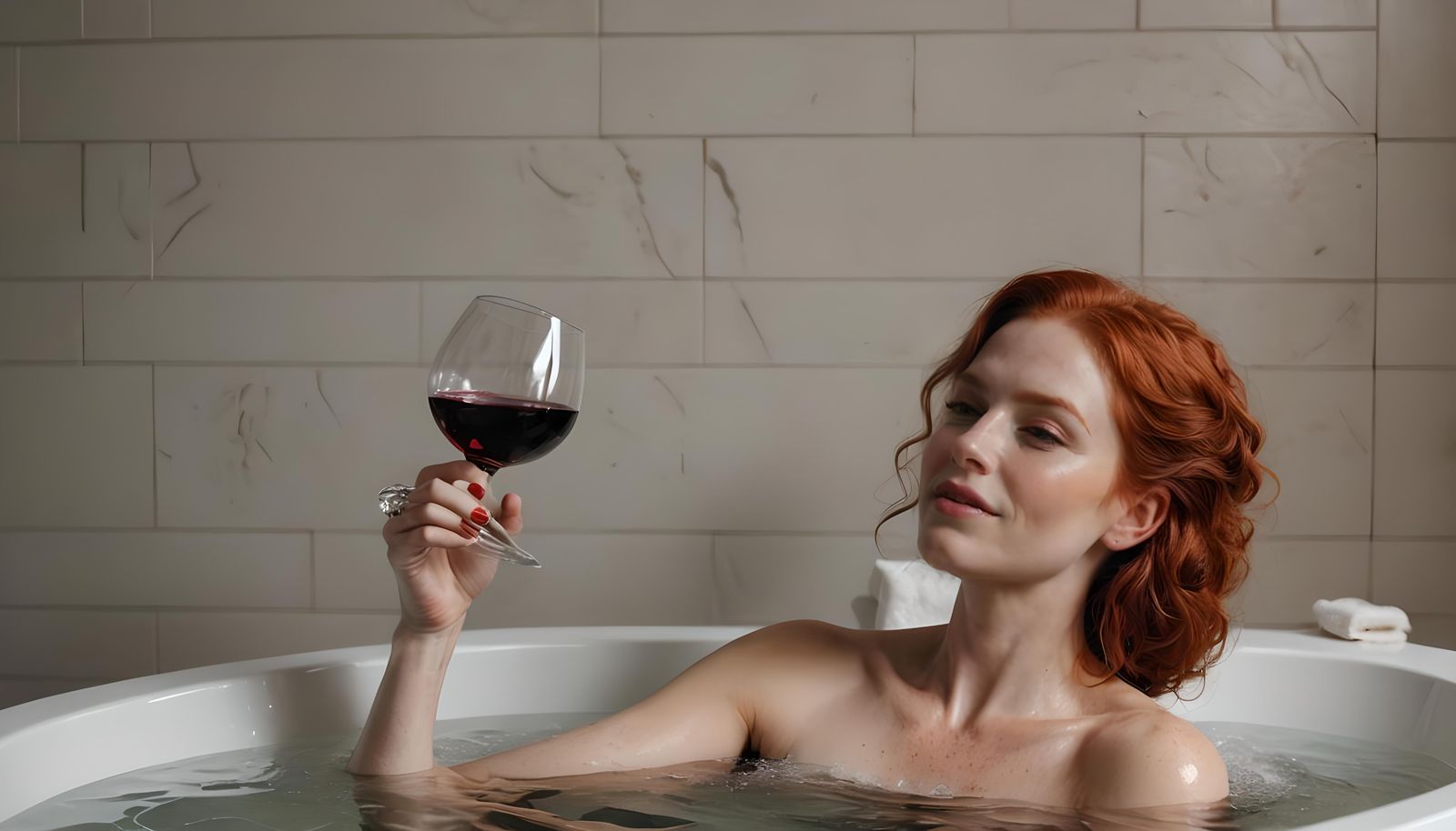 Stunning Redhead Woman Relaxing in Bath with Wine