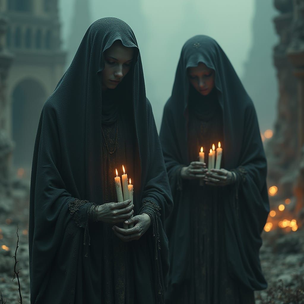 Hooded Daughters of the Abyss in Dark Surrealist Vision