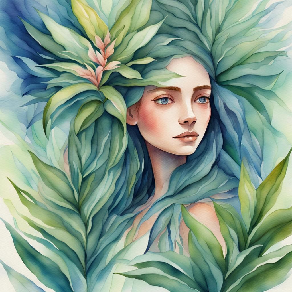 Mystical Dracaena Foglove Hydragea Watercolor Portrait