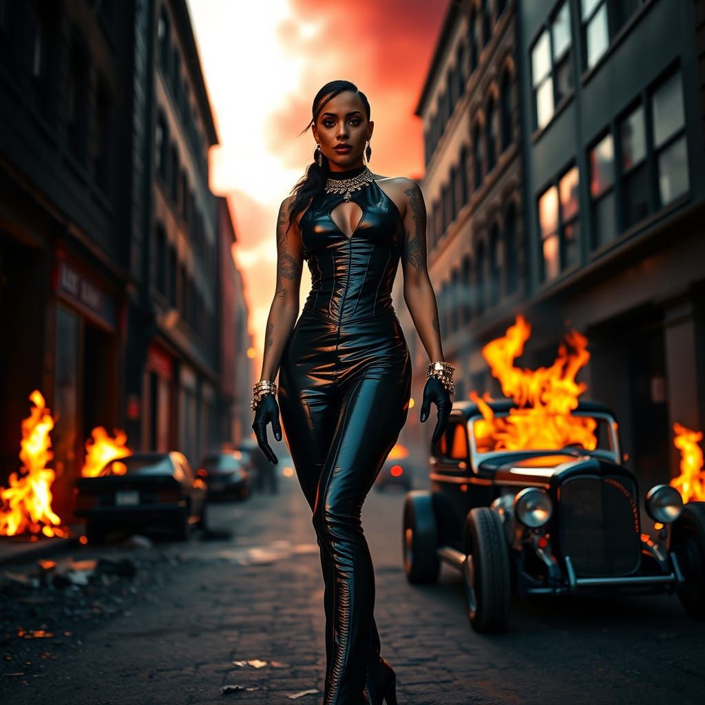 Dominatrix in Burning Cityscape, Close-Up Portrait in Latex ...