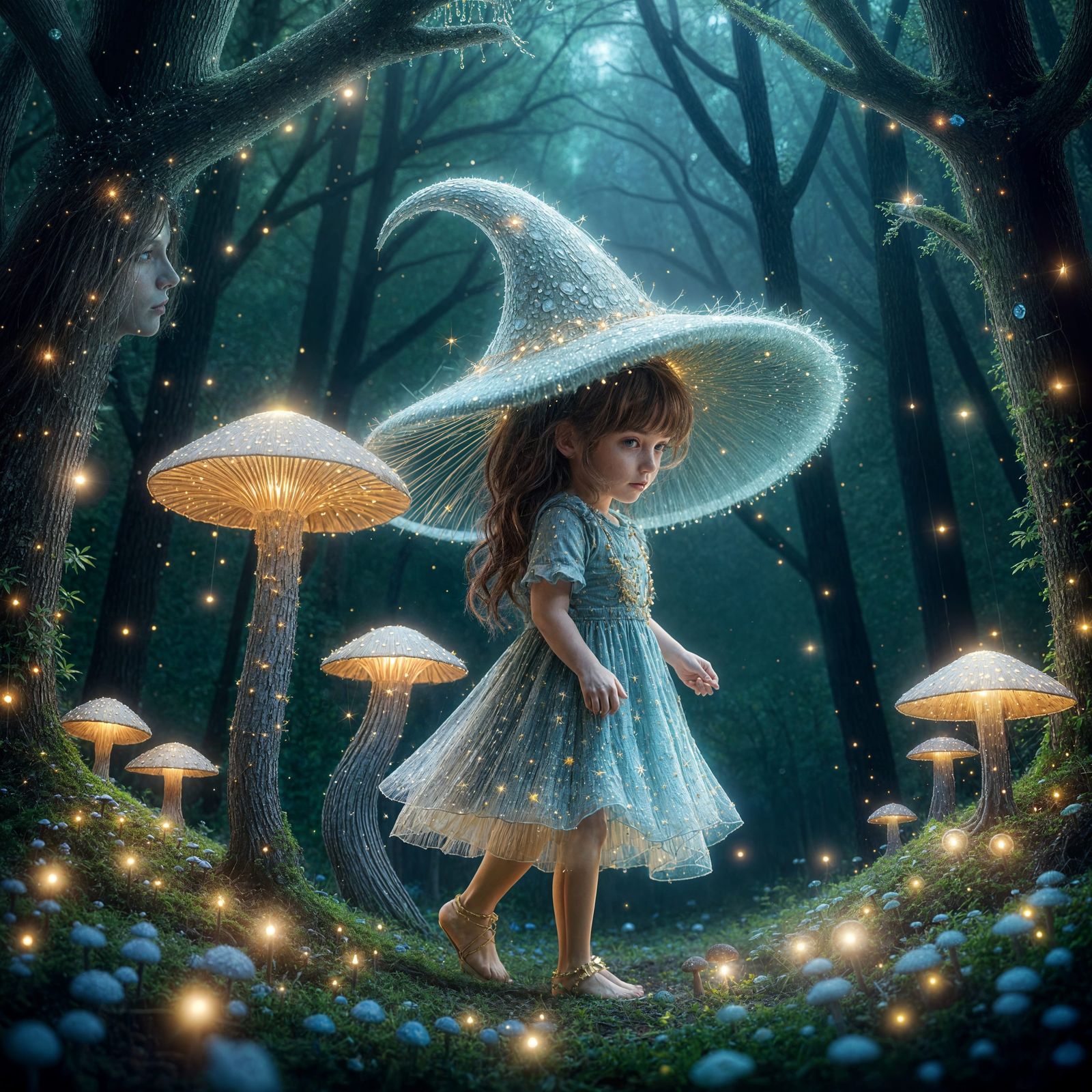 Girl in Glowing Mushroom Forest Portrait