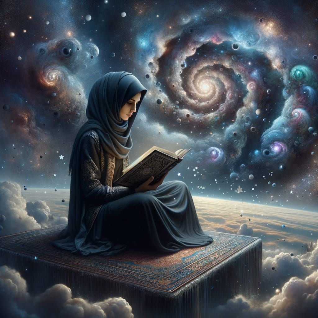 Woman Reading on Floating Island in Cosmic Nebula