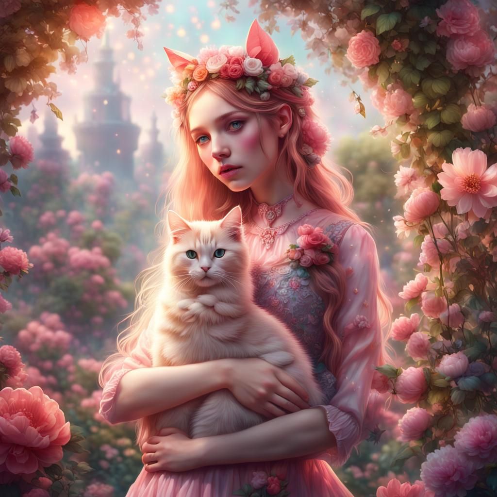 Girl with Cat in Flower Garden, Detailed Matte Painting
