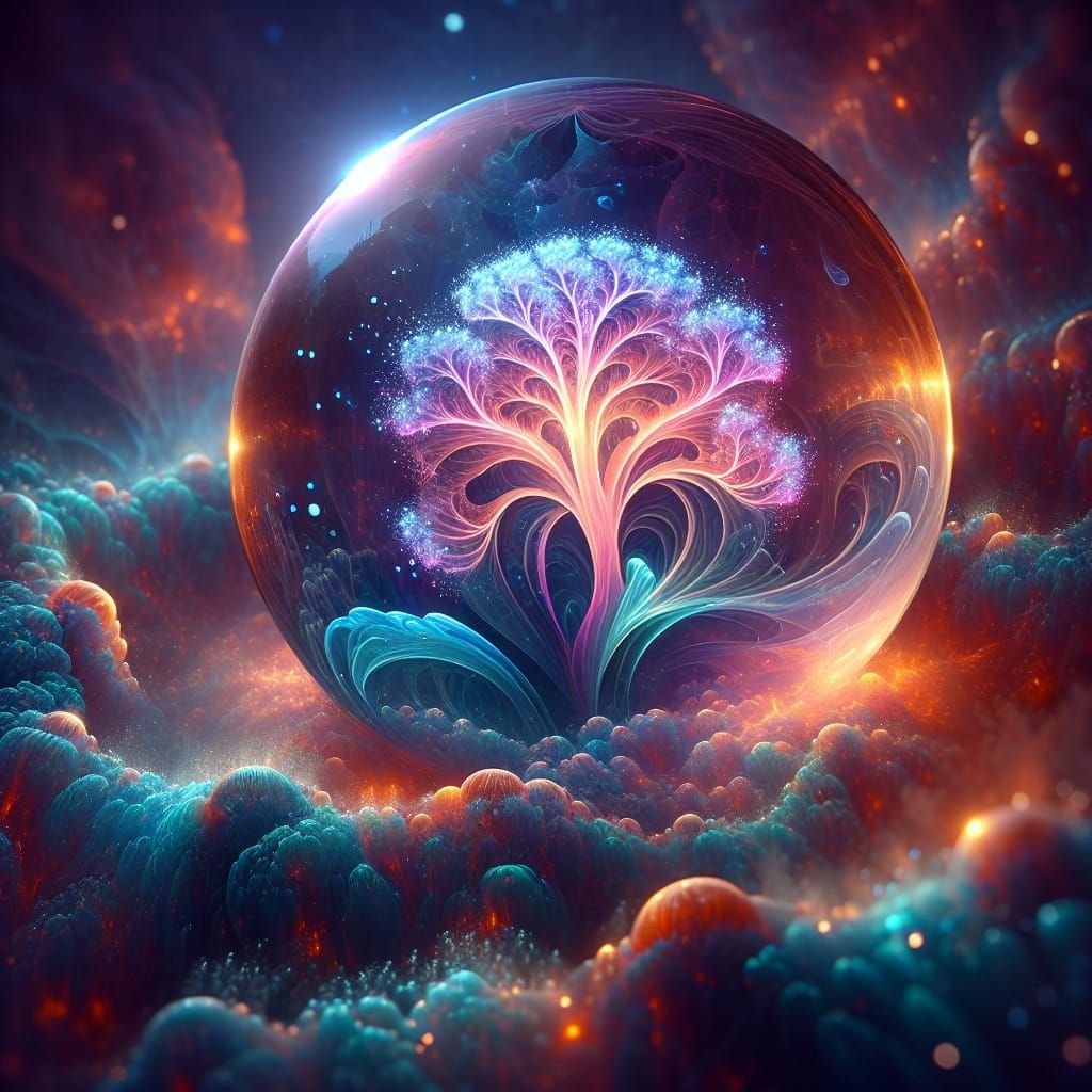 Bioluminescent Jellyfish in Glass Sphere as Oil Painting