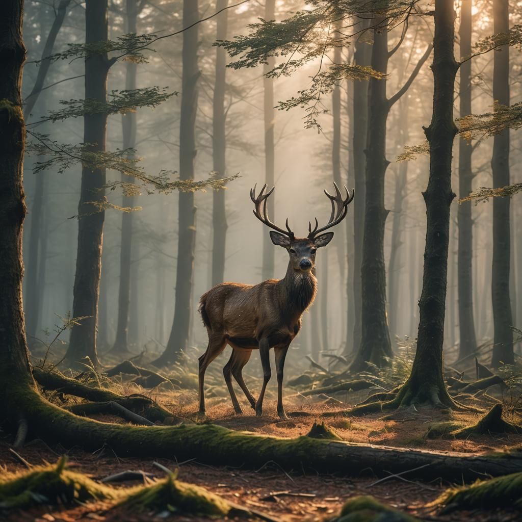 Majestic Deer in Misty Forest: Nature Photography