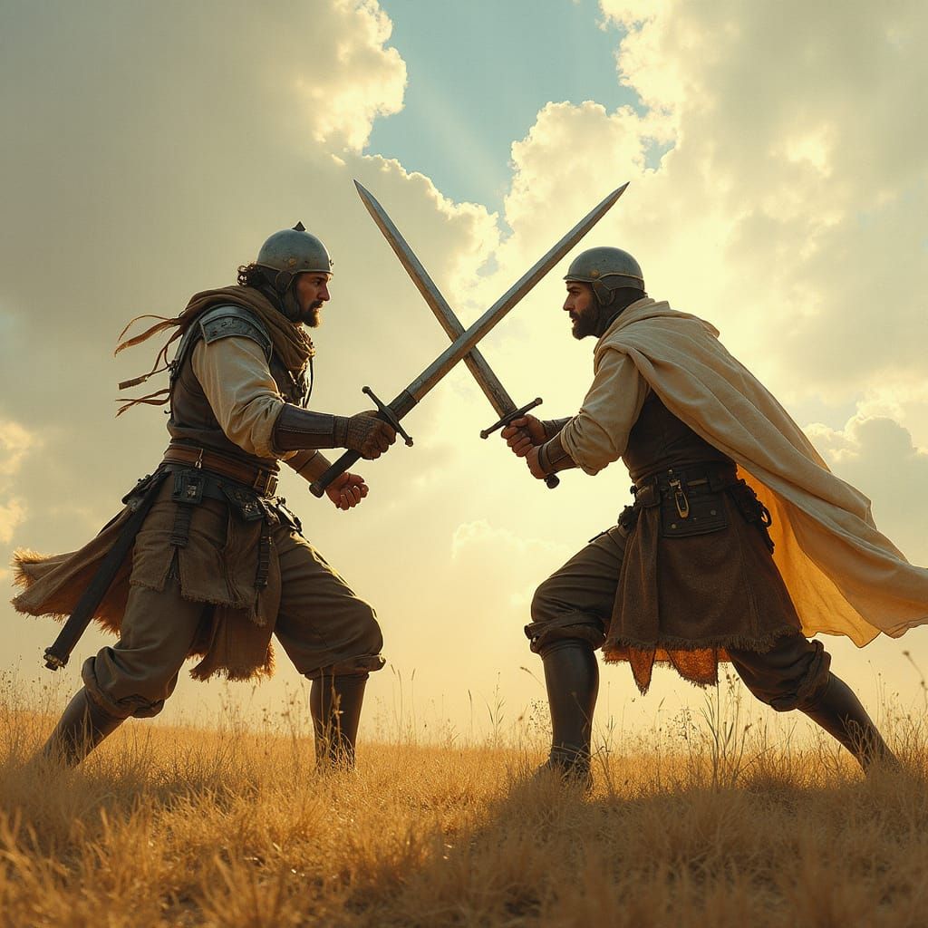 Epic Duel of Two Master Swordsmen in a Sun-Drenched Field