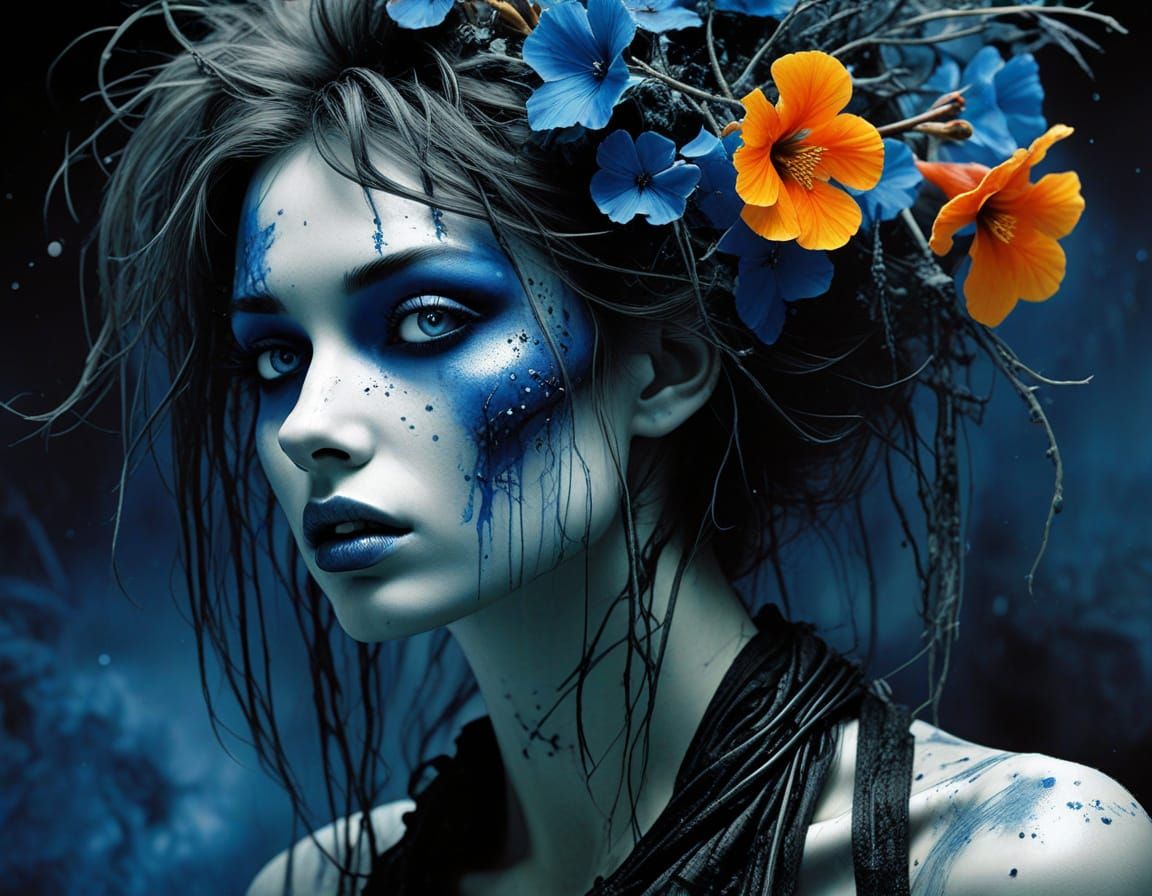Punk Rocker Girl Eating Flowers with Blue Ink Splatters