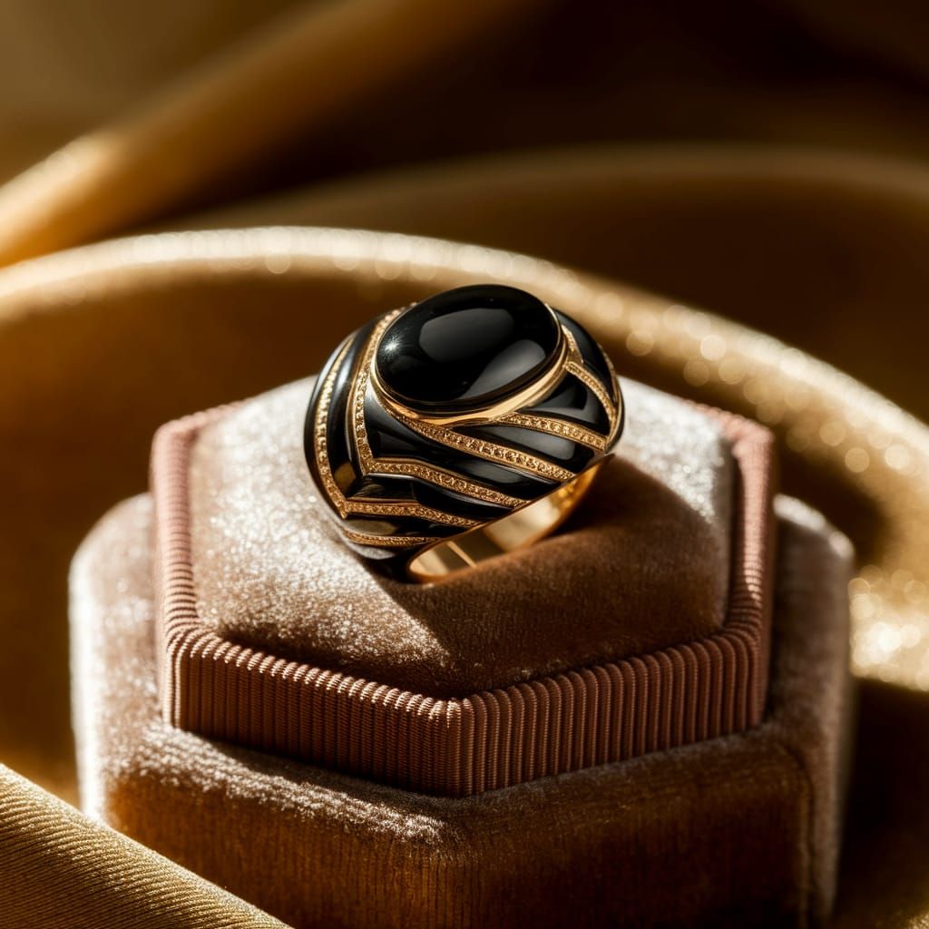 Majestic Ring of Gold, Obsidian and Marble