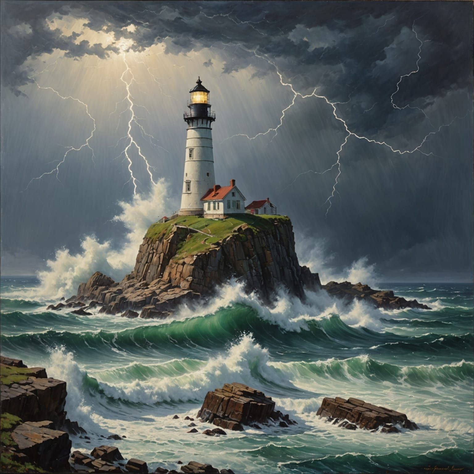 Lighthouse Braving Storm with Crashing Waves and Lightning