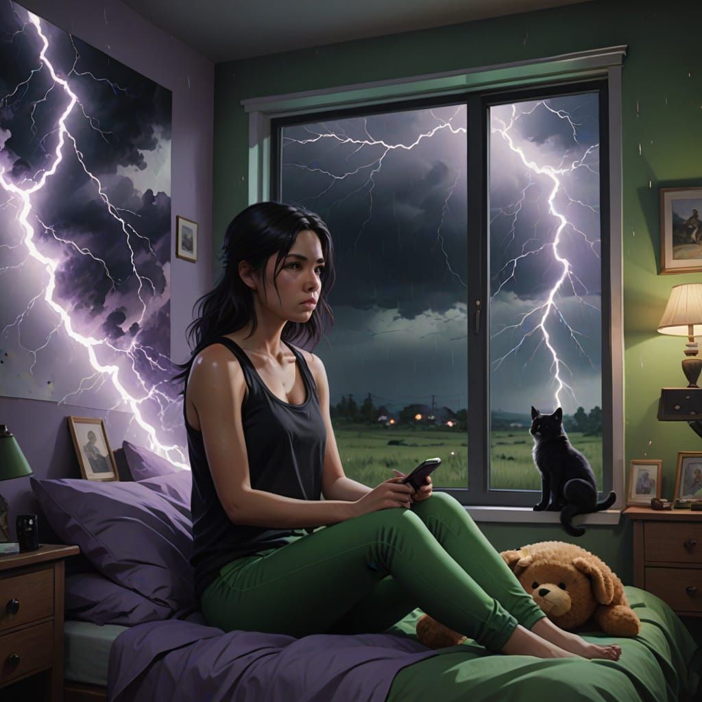 Woman Watches Thunderstorm Amidst Stuffed Animals in Oil Pai...