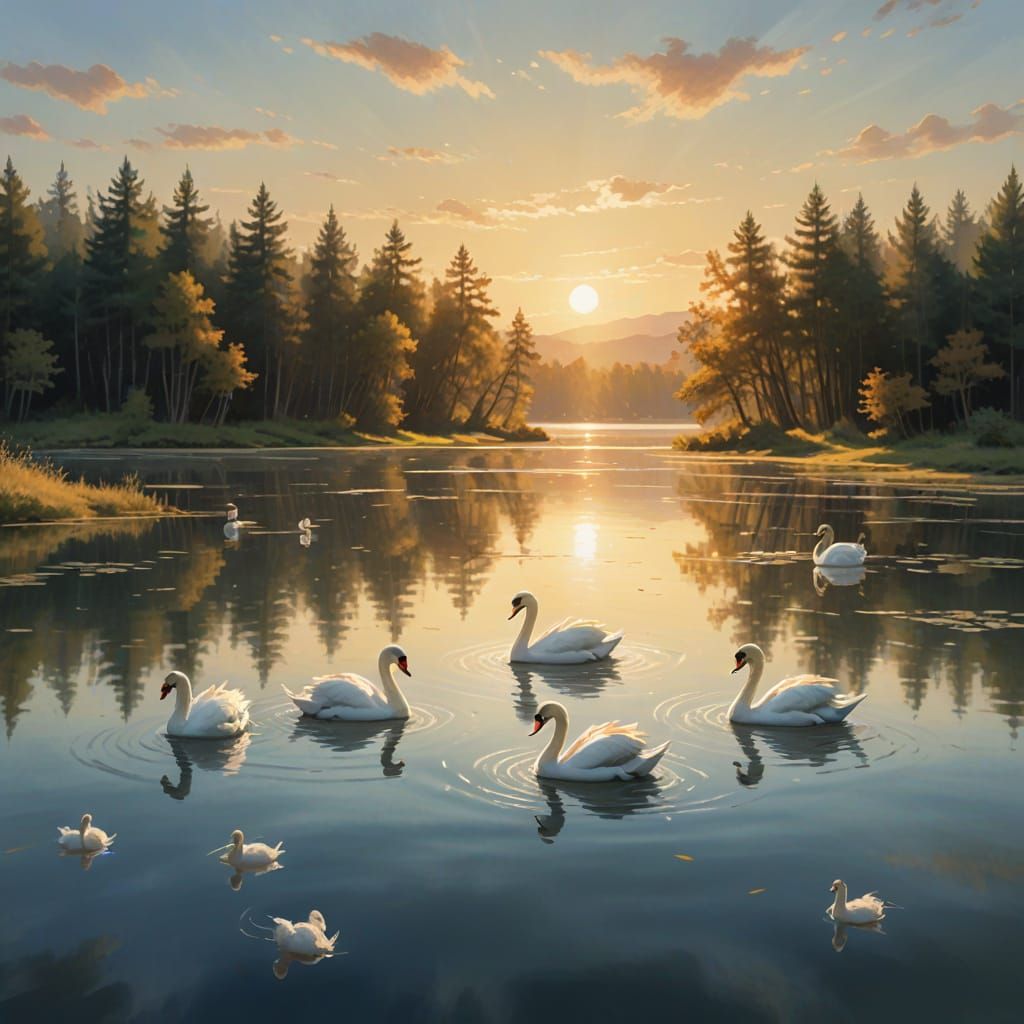 Seven Swans on Serene Lake in Ethereal Digital Painting