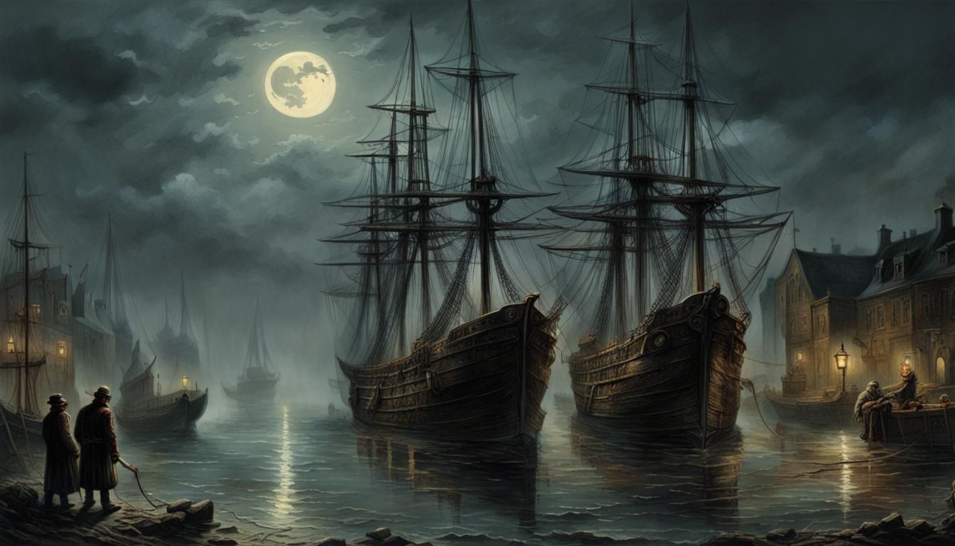 Eerie Moonlight Harbor Scene in Horror Style