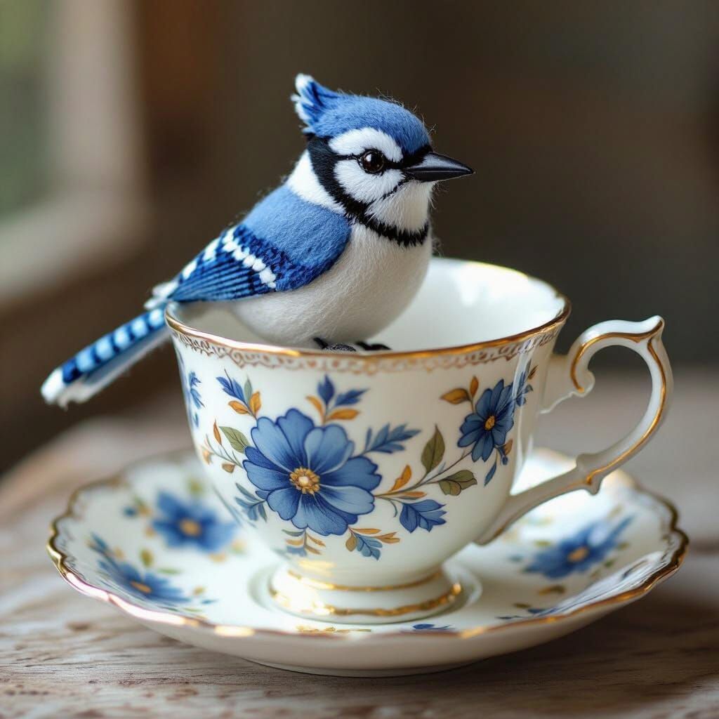 Felt Bluejay on Antique Teacup in Whimsical Style