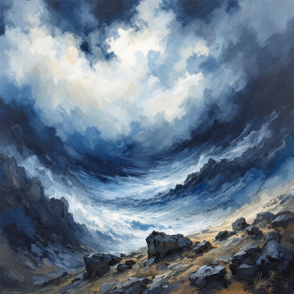 Dynamic Watercolour Landscape in Turbulent Skies