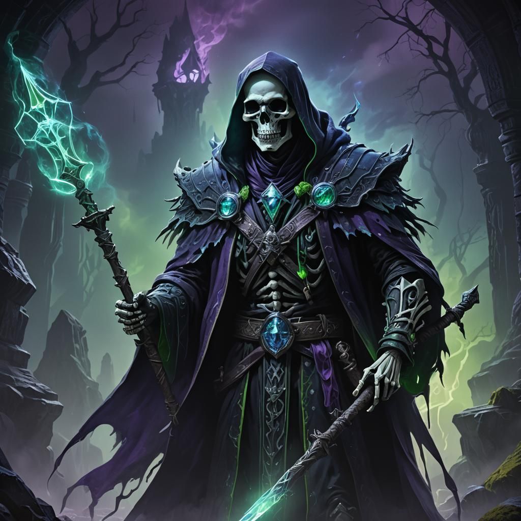 Skeleton Mage in Eerie Mist, Dark Fantasy Art