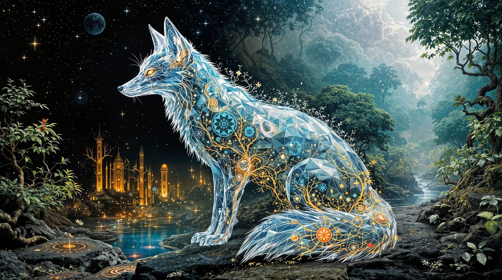 Surreal Glass Fox Connects Cosmic Realms in Double Exposure