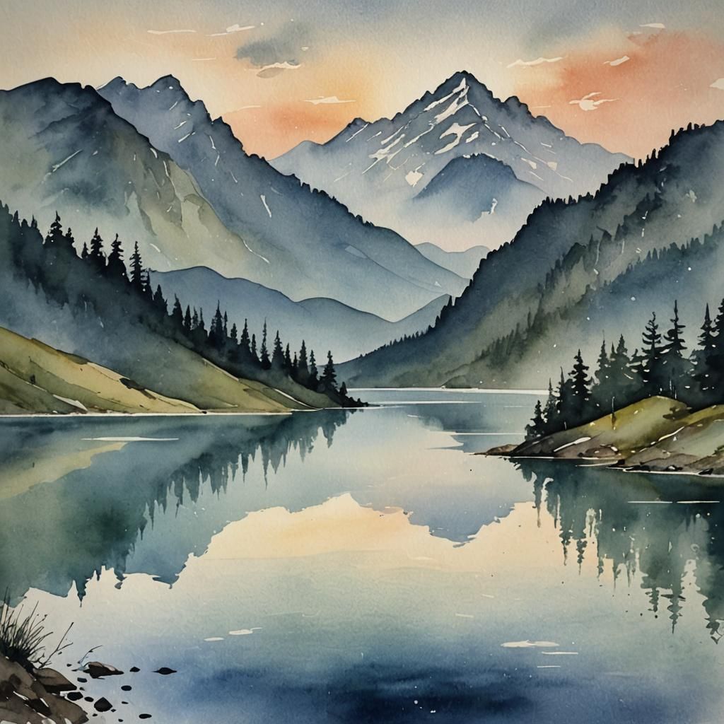 Watercolor Mountain Lake at Dawn Painting