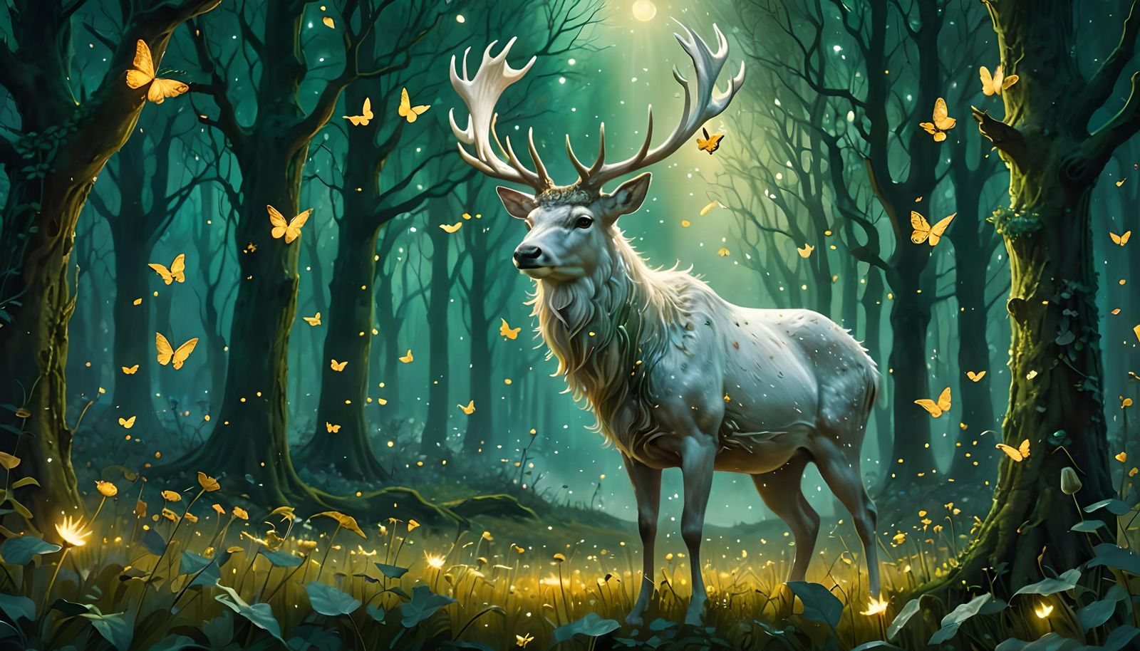 Mythical White Stag King in Emerald Forest