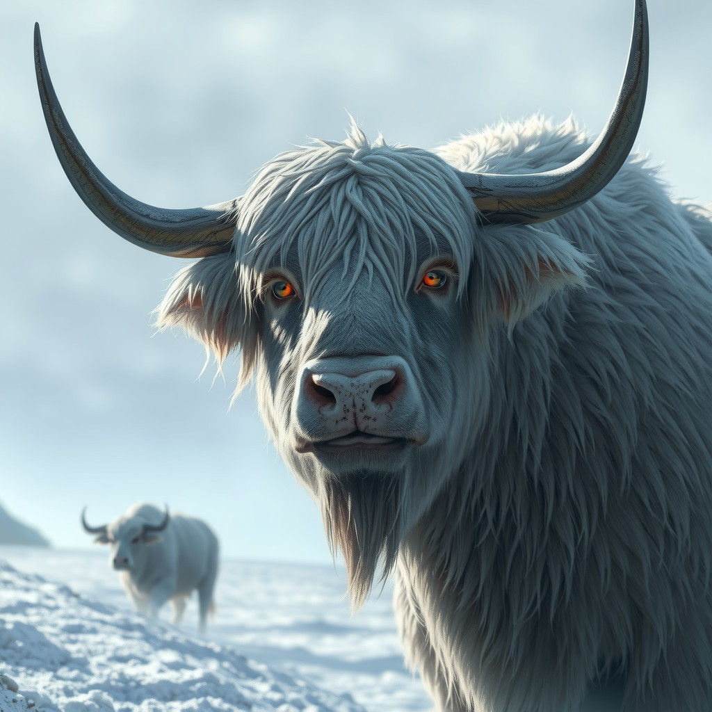 Icy Ox with Piercing Eyes in Retrofuturistic Style