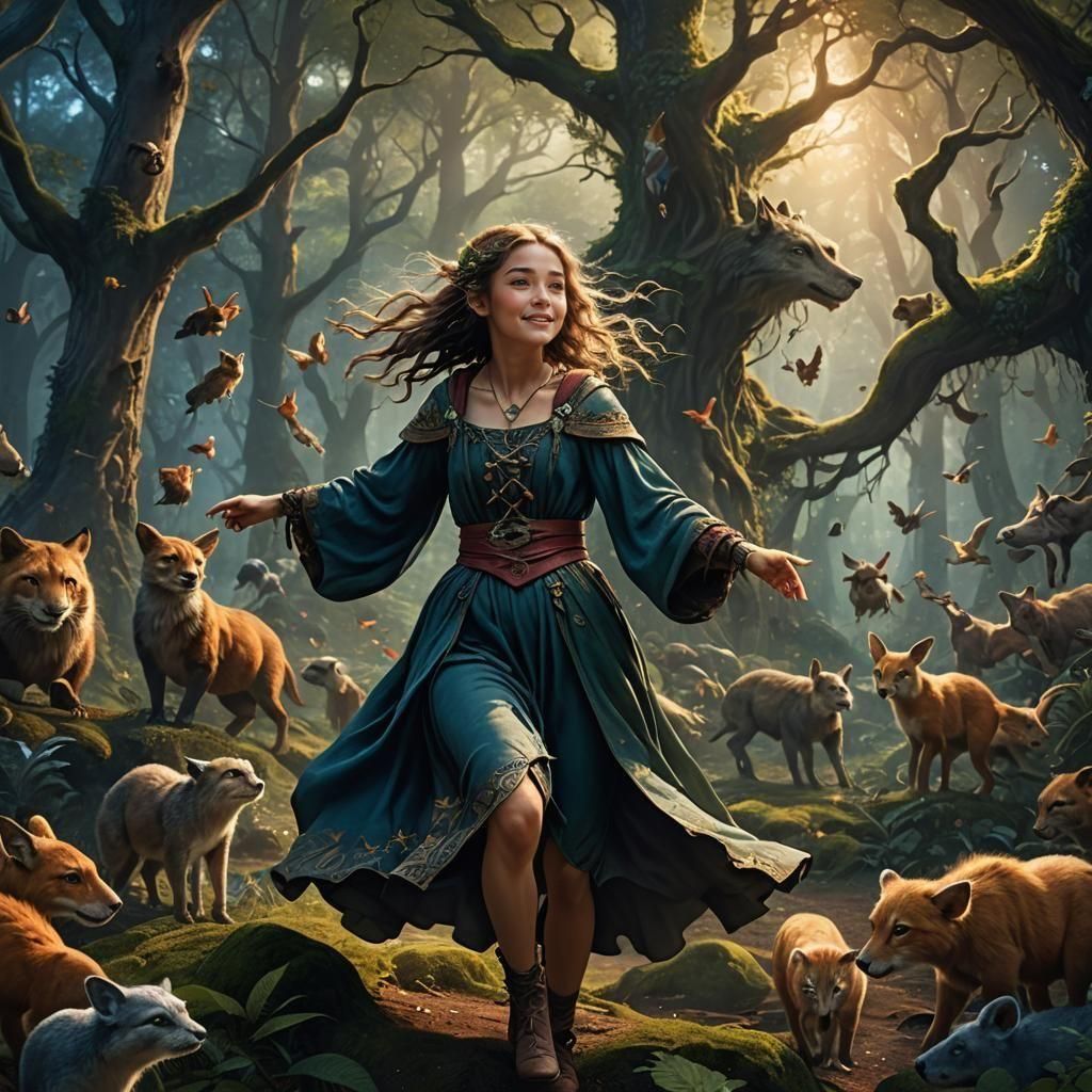 Happy Halfling Sorcerer Dancing in Forest