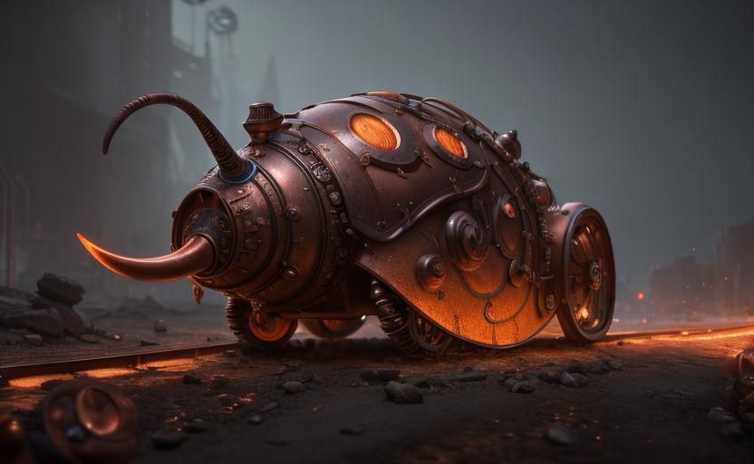 Steampunk Copper Snail on Track, Detailed 8K Render