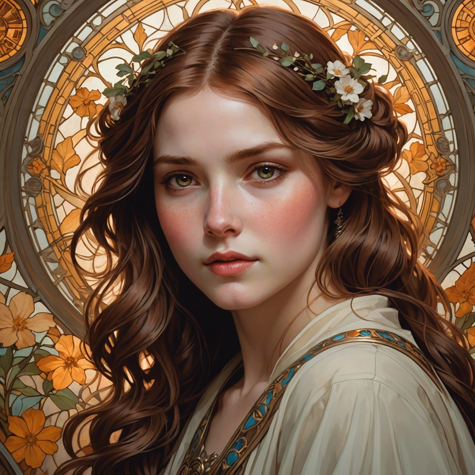 Detailed Portrait of a Young Woman in Art Nouveau Style