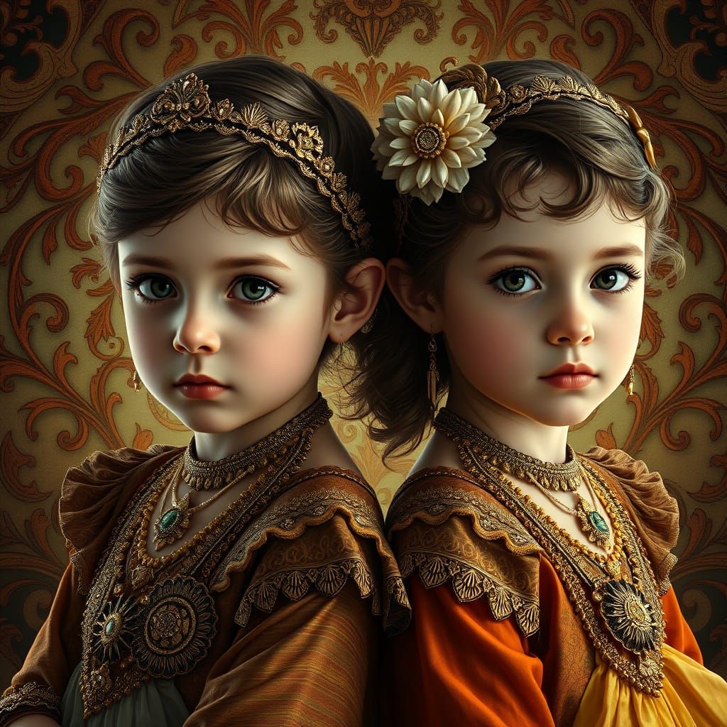 Luxurious Portrait of Twin Children in Opulent Art Nouveau S...