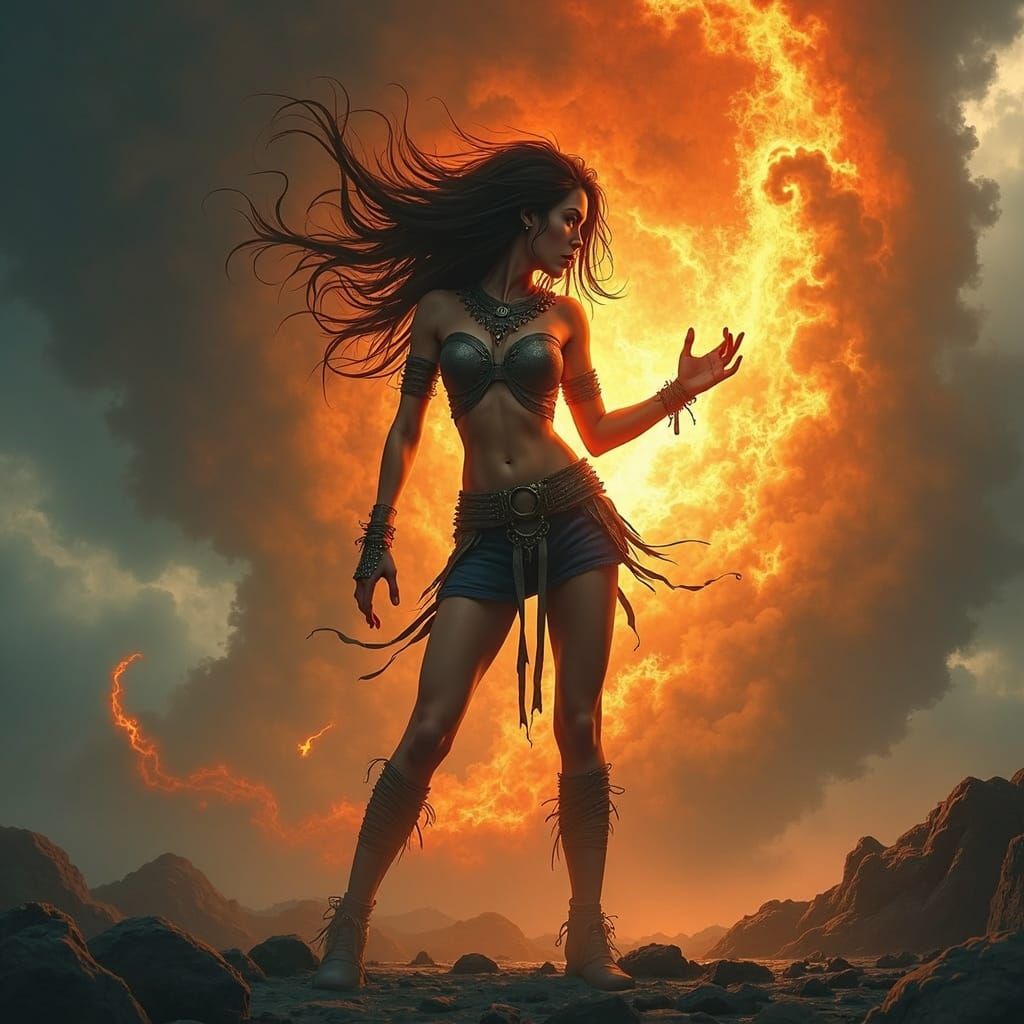Fiery Armored Woman Summons a Hurricane
