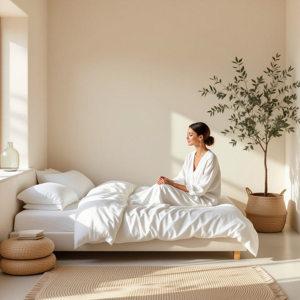 Minimalist Bedroom with Serene Woman in Morning Light